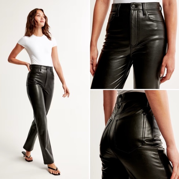 Abercrombie & Fitch The 90s Straight Ultra High Rise Black Faux Leather Pants 16 - Picture 3 of 16